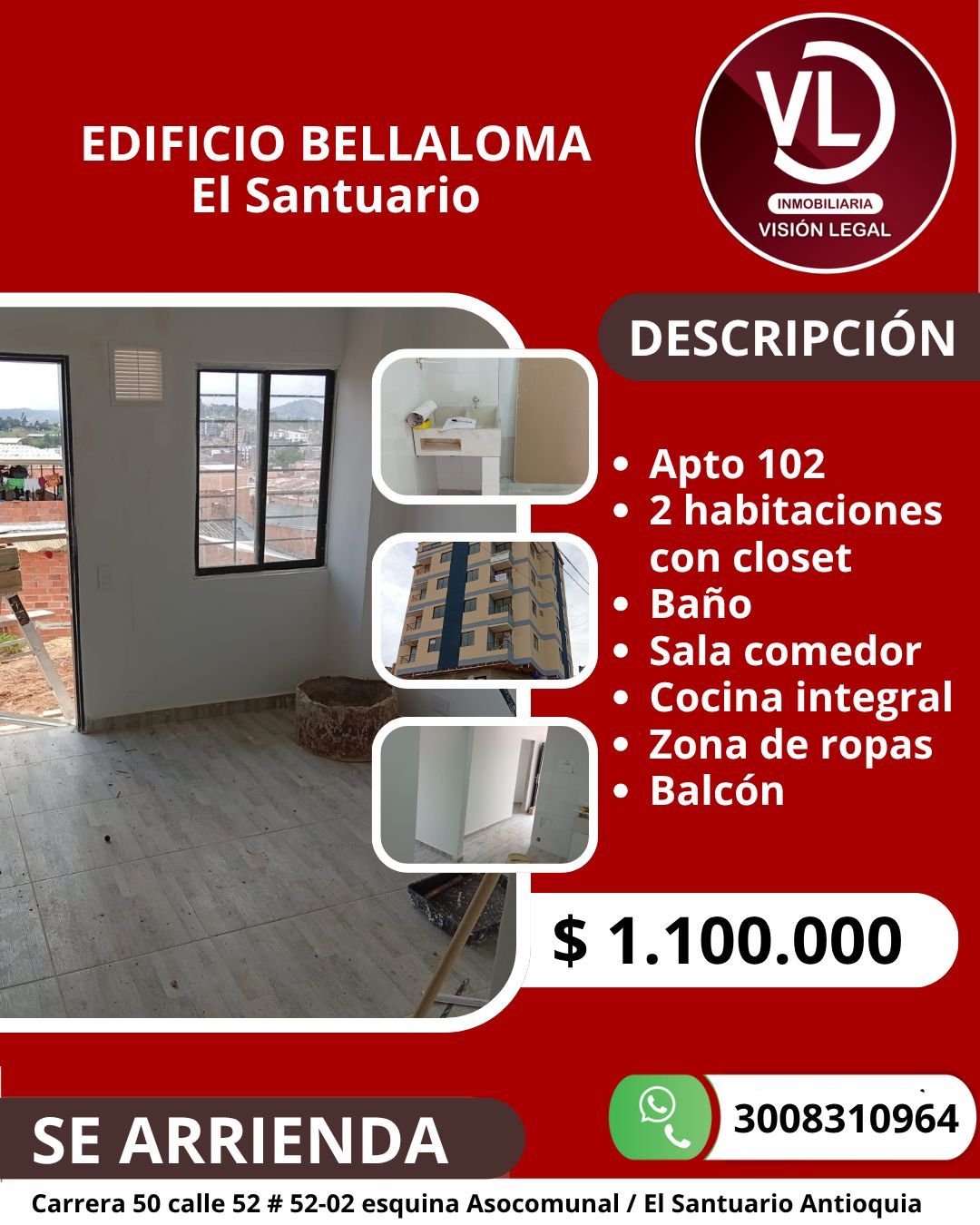Apartamento en arriendo Antioquia El Santuario El Santuario 48 m2 Habitaciones 2 Baños 1 Garajes 0 Precio $1100000