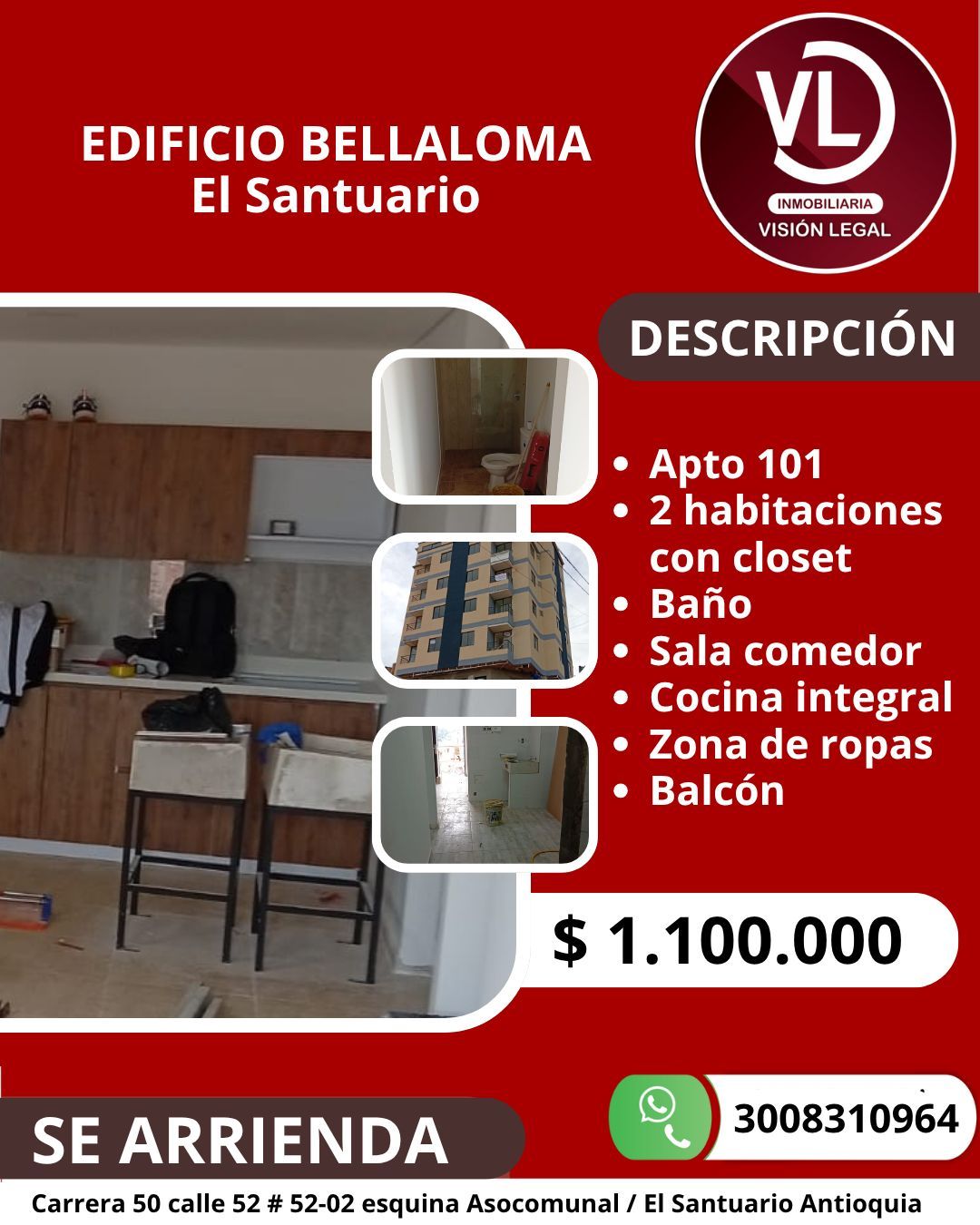 Apartamento en arriendo Antioquia El Santuario El Santuario 48 m2 Habitaciones 2 Baños 1 Garajes 0 Precio $1100000