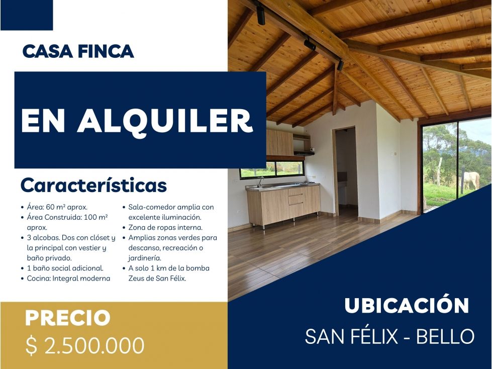 Casa Campestre en arriendo Antioquia Bello Bello 1000 m2 Habitaciones 3 Baños 2 Garajes 0 Precio $2500000