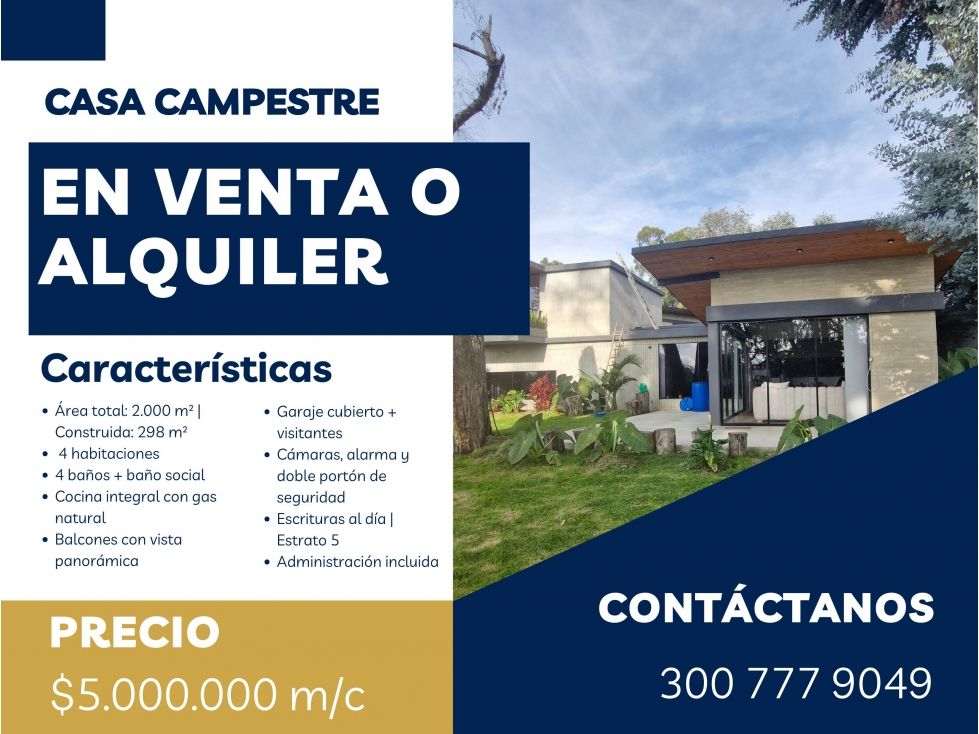 Casa Campestre en arriendo o venta Antioquia Bello Andalucía 2000 m2 Habitaciones 4 Baños 4 Garajes 2 Precio venta $1200000000 Precio arriendo $5000000