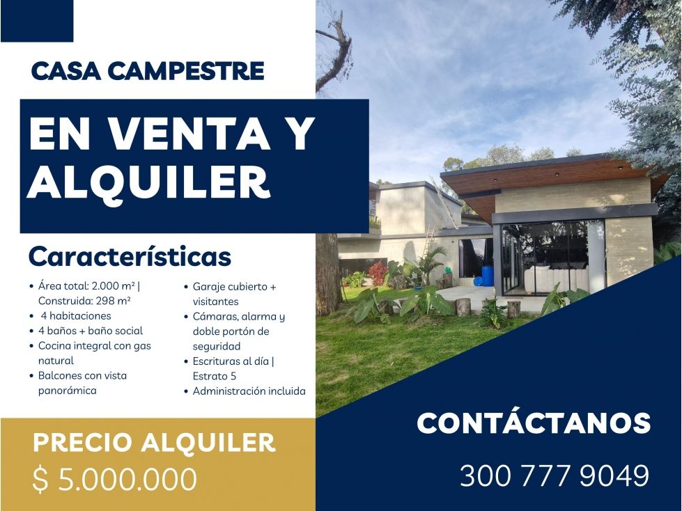 Casa Campestre en arriendo o venta Antioquia Bello Andalucía 2000 m2 Habitaciones 4 Baños 4 Garajes 2 Precio venta $1200000000 Precio arriendo $5000000