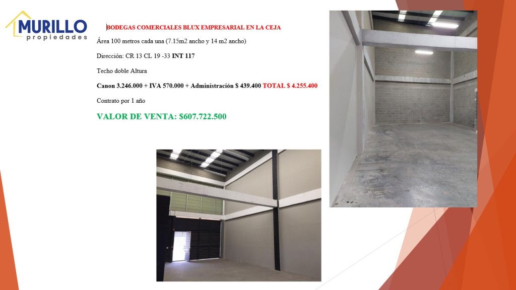 Bodega en venta Antioquia La Ceja Payuco 100 m2 Habitaciones 0 Baños 0 Garajes 0 Precio $607722500