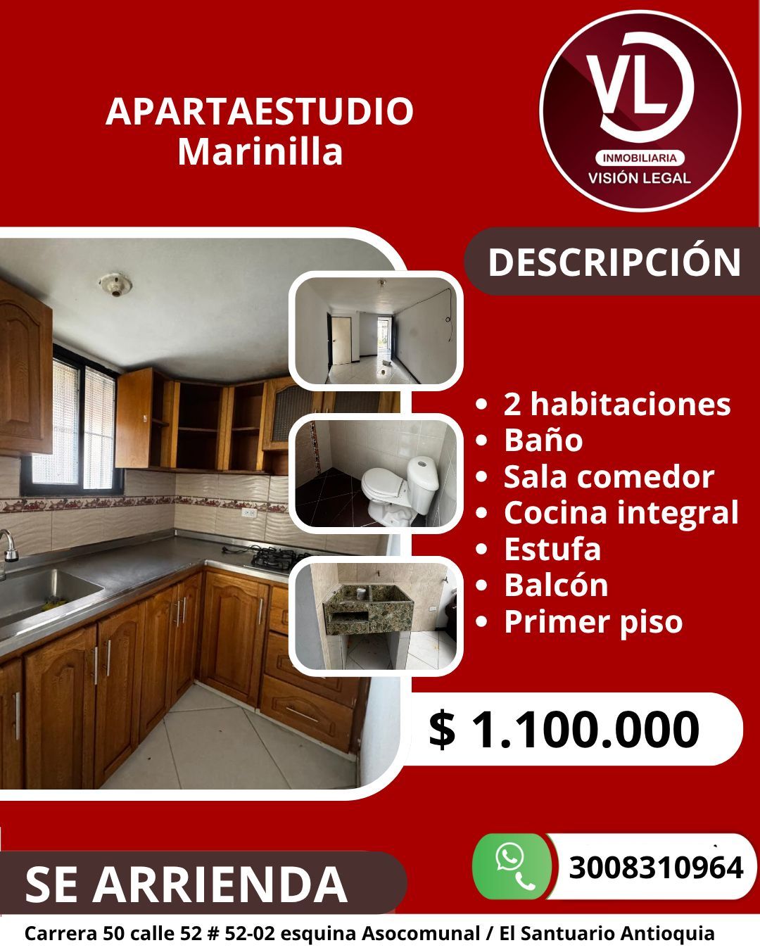 Apartaestudio en arriendo Antioquia Marinilla Botero Gonzalez 52 m2 Habitaciones 2 Baños 1 Garajes 0 Precio $1100000