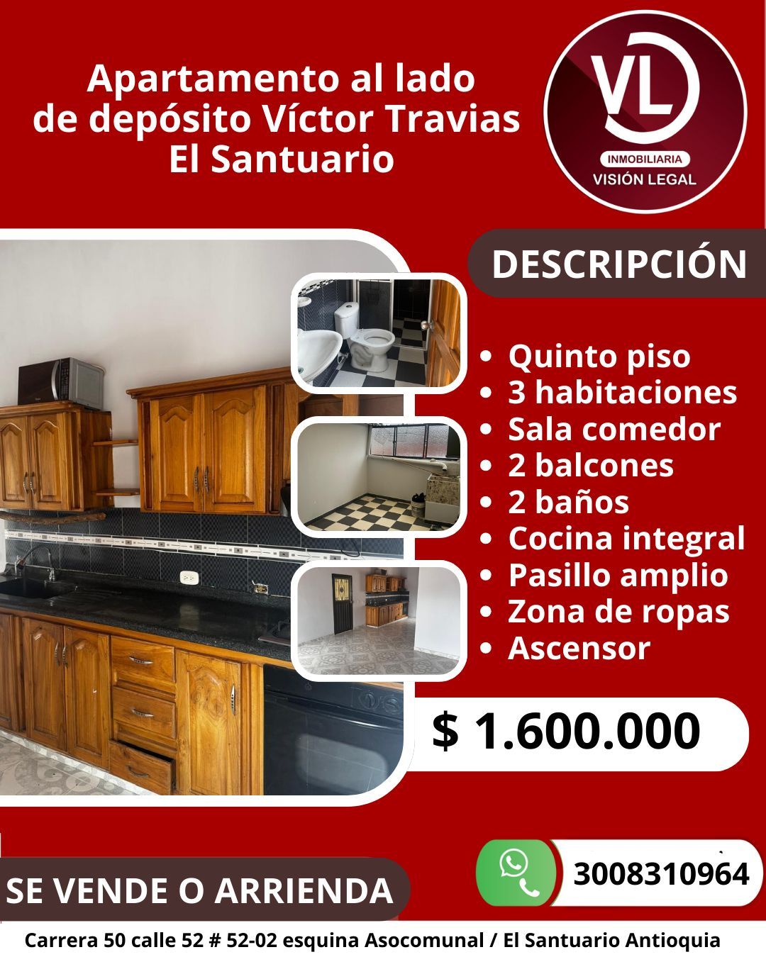 Apartamento en arriendo Antioquia El Santuario El Santuario 90 m2 Habitaciones 3 Baños 2 Garajes 0 Precio $1600000