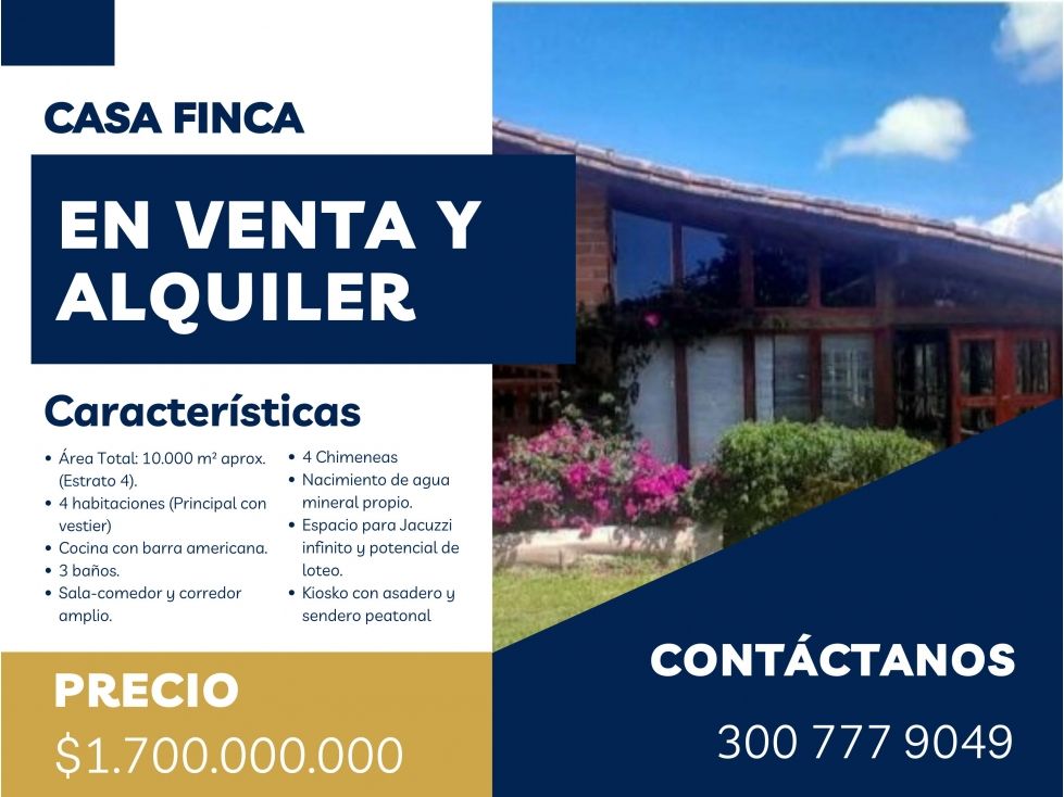 Casa Campestre en arriendo o venta Antioquia Bello Andalucía 10000 m2 Habitaciones 4 Baños 3 Garajes 0 Precio venta $1700000000 Precio arriendo $5000000