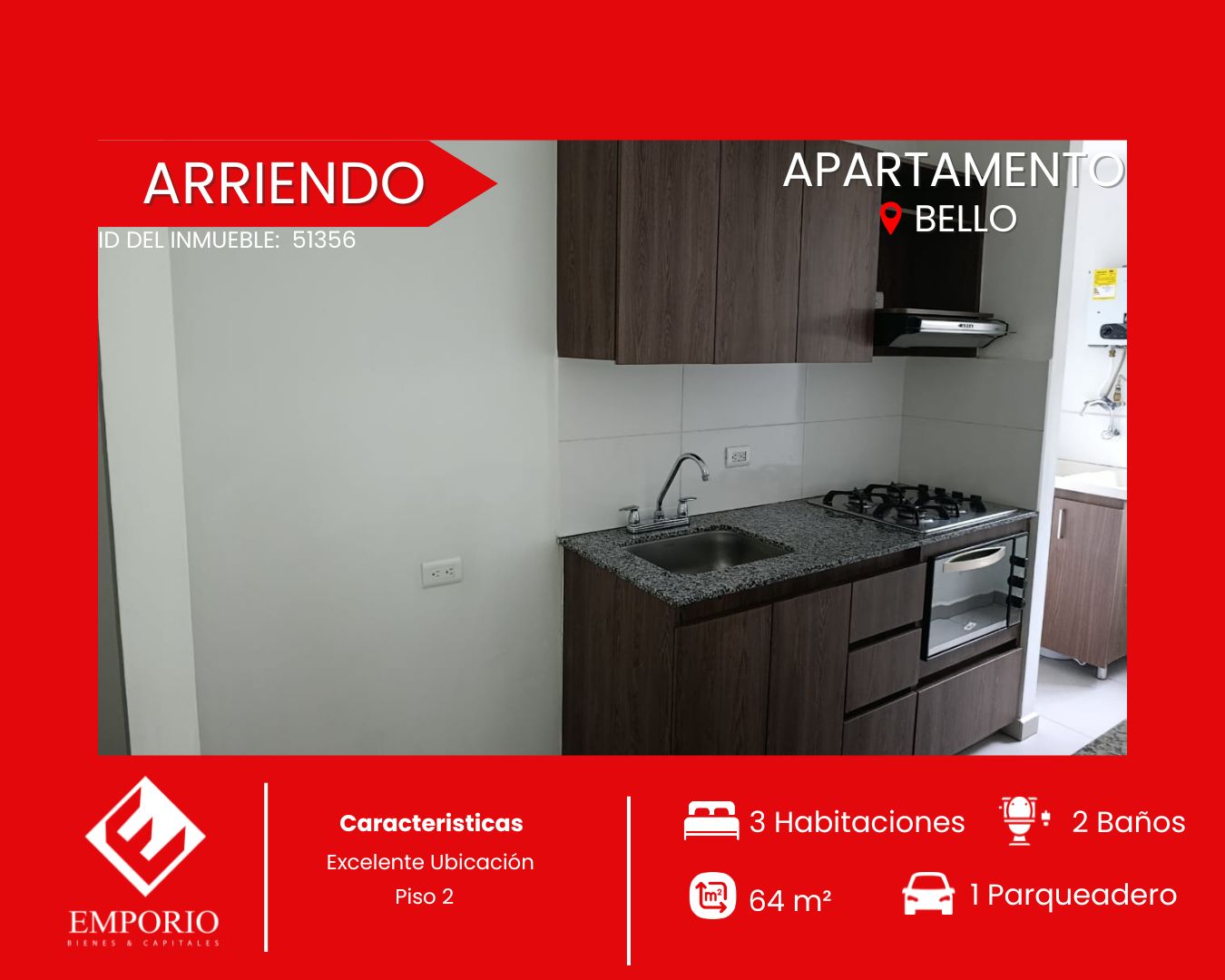 Apartamento en arriendo Antioquia Bello Andalucía 64 m2 Habitaciones 3 Baños 2 Garajes 1 Precio $2400000