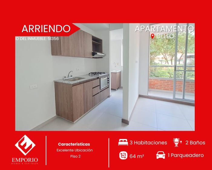 Apartamento en arriendo Antioquia Bello Andalucía 64 m2 Habitaciones 3 Baños 2 Garajes 1 Precio $2400000