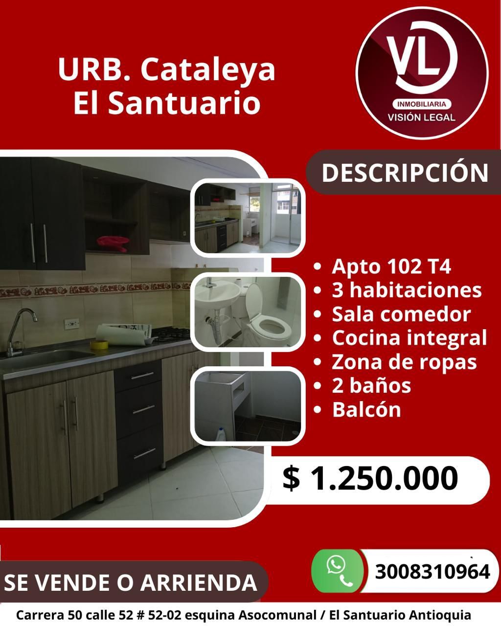 Apartamento en arriendo Antioquia El Santuario El Santuario 60 m2 Habitaciones 3 Baños 2 Garajes 1 Precio $1250000