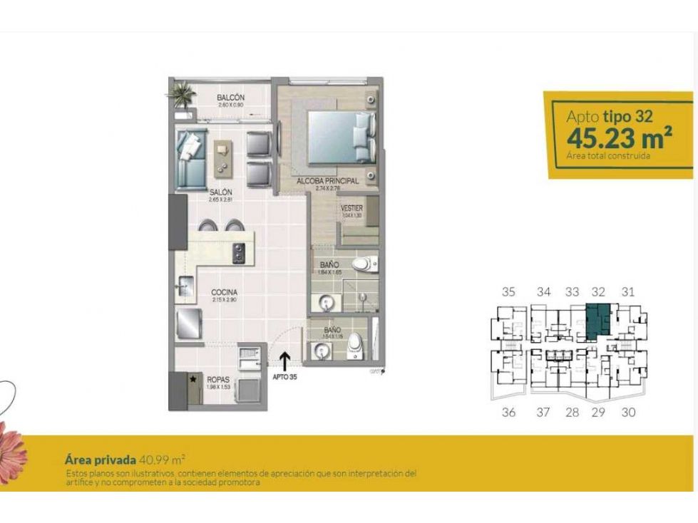 Apartaestudio en venta Antioquia Medellín Simesa 45 m2 Habitaciones 1 Baños 1 Garajes 1 Precio $540000000