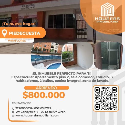 Apartamento en arriendo Santander Piedecuesta Tejaditos 50 m2 Habitaciones 2 Baños 2 Garajes 1 Precio $800000