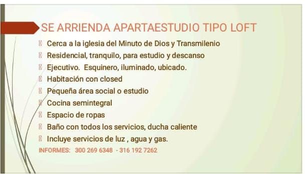 Apartaestudio en arriendo Cundinamarca Bogotá Minuto De Dios 40 m2 Habitaciones 1 Baños 1 Garajes 0 Precio $950000