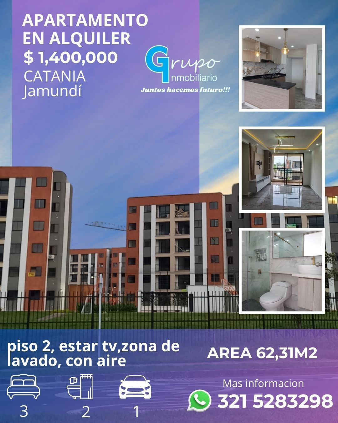 Apartamento en arriendo Valle Del Cauca Jamundí Alferez Real 63 m2 Habitaciones 3 Baños 2 Garajes 1 Precio $1400000