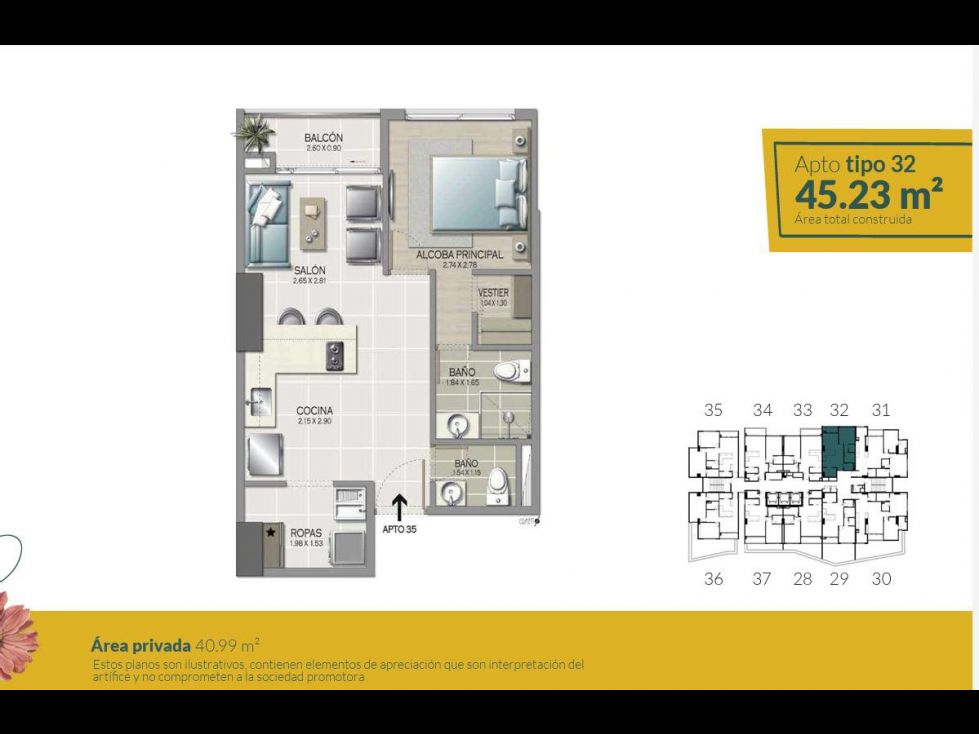 Apartaestudio en venta Antioquia Medellín Simesa 45 m2 Habitaciones 1 Baños 1 Garajes 1 Precio $519000000