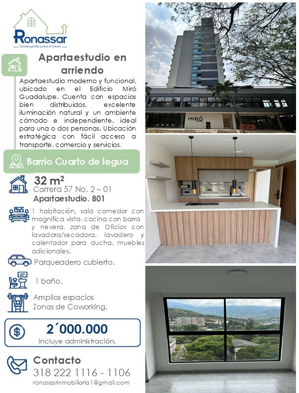 Apartaestudio en arriendo Valle Del Cauca Cali Cuarto De Legua Guadalupe 32 m2 Habitaciones 1 Baños 1 Garajes 1 Precio $2000000