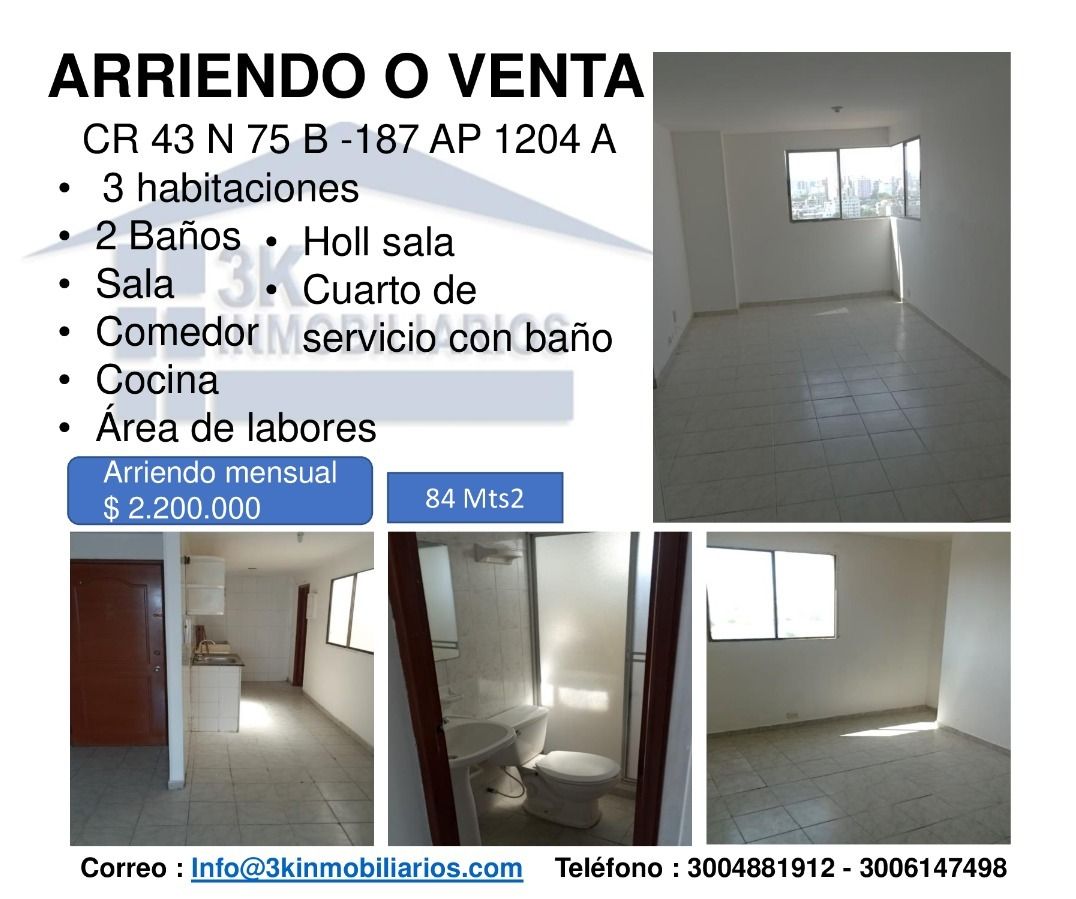 Apartamento en arriendo Atlántico Barranquilla Ciudad Jardin 84 m2 Habitaciones 3 Baños 2 Garajes 0 Precio $2200000