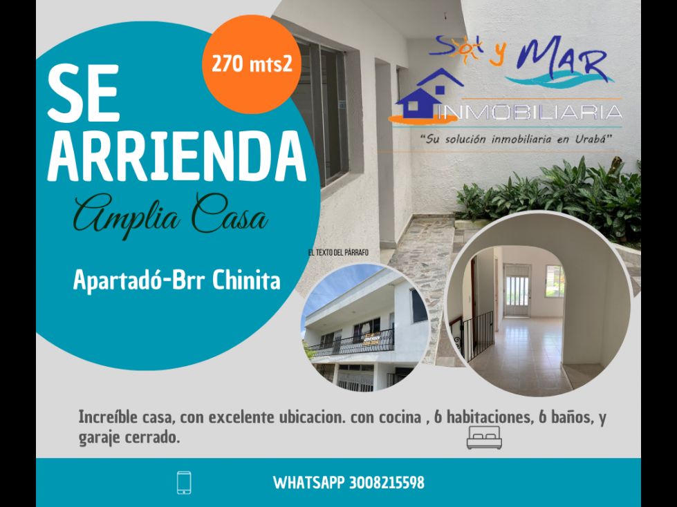 Casa en arriendo Antioquia Apartadó La Chinita 270 m2 Habitaciones 6 Baños 6 Garajes 1 Precio $6000000