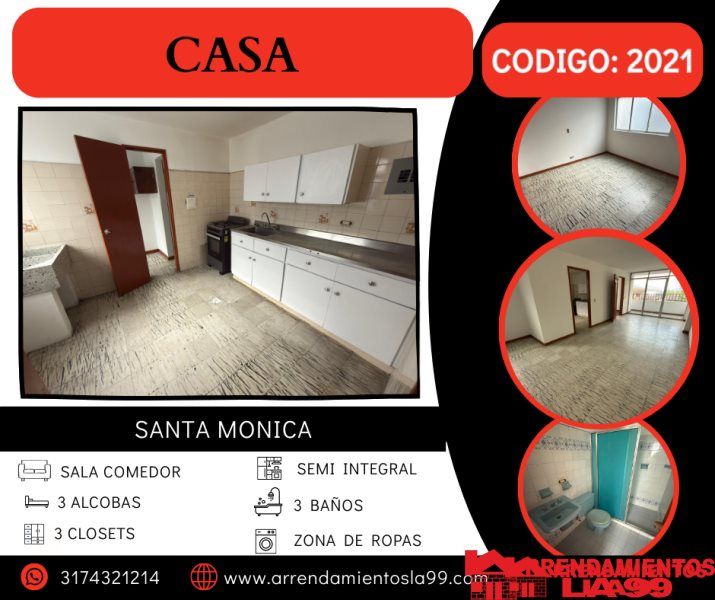 Casa en arriendo Antioquia Medellín Santa Monica 130 m2 Habitaciones 3 Baños 3 Garajes 0 Precio $2300000