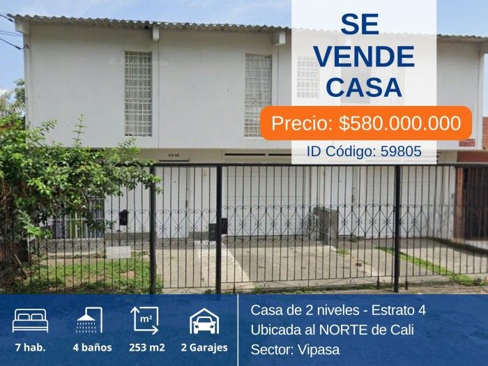 Casa en venta Valle Del Cauca Cali Vipasa 230 m2 Habitaciones 6 Baños 4 Garajes 2 Precio $580000000