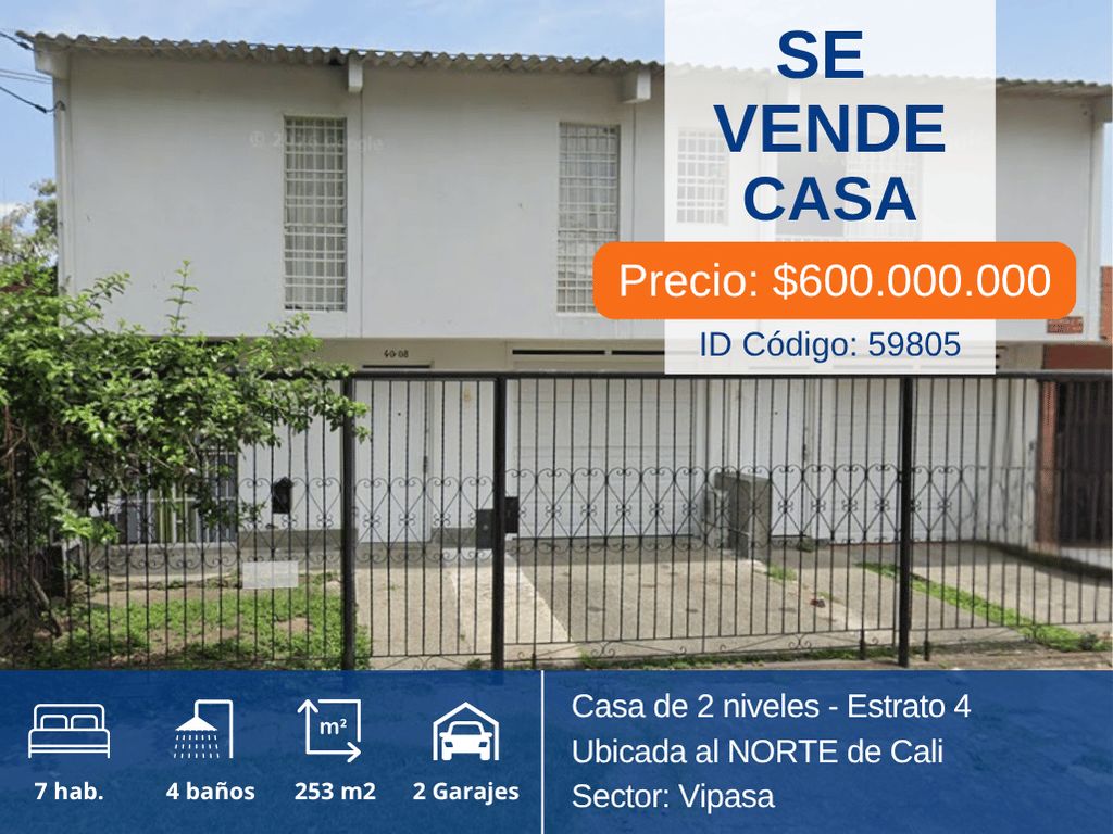 Casa en venta Valle Del Cauca Cali Vipasa 230 m2 Habitaciones 6 Baños 4 Garajes 2 Precio $600000000