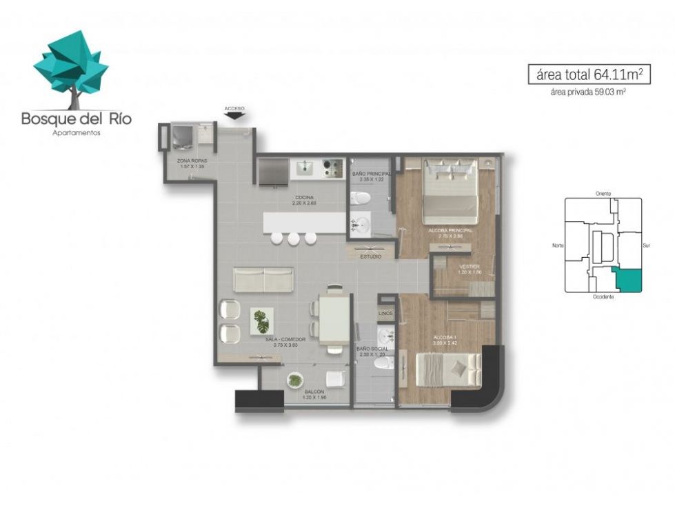 Apartamento en venta Antioquia Medellín Simesa 64 m2 Habitaciones 2 Baños 2 Garajes 2 Precio $695000000