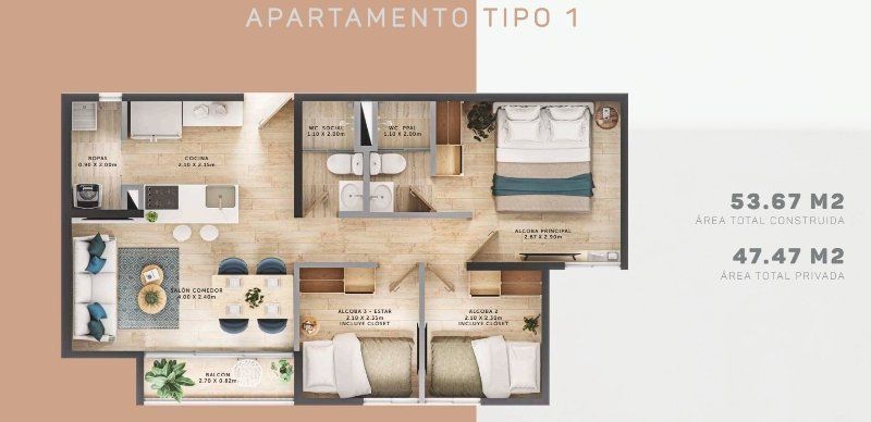 Apartamento en venta Antioquia Sabaneta Vereda La Doctora 53 m2 Habitaciones 3 Baños 2 Garajes 0 Precio $300000000