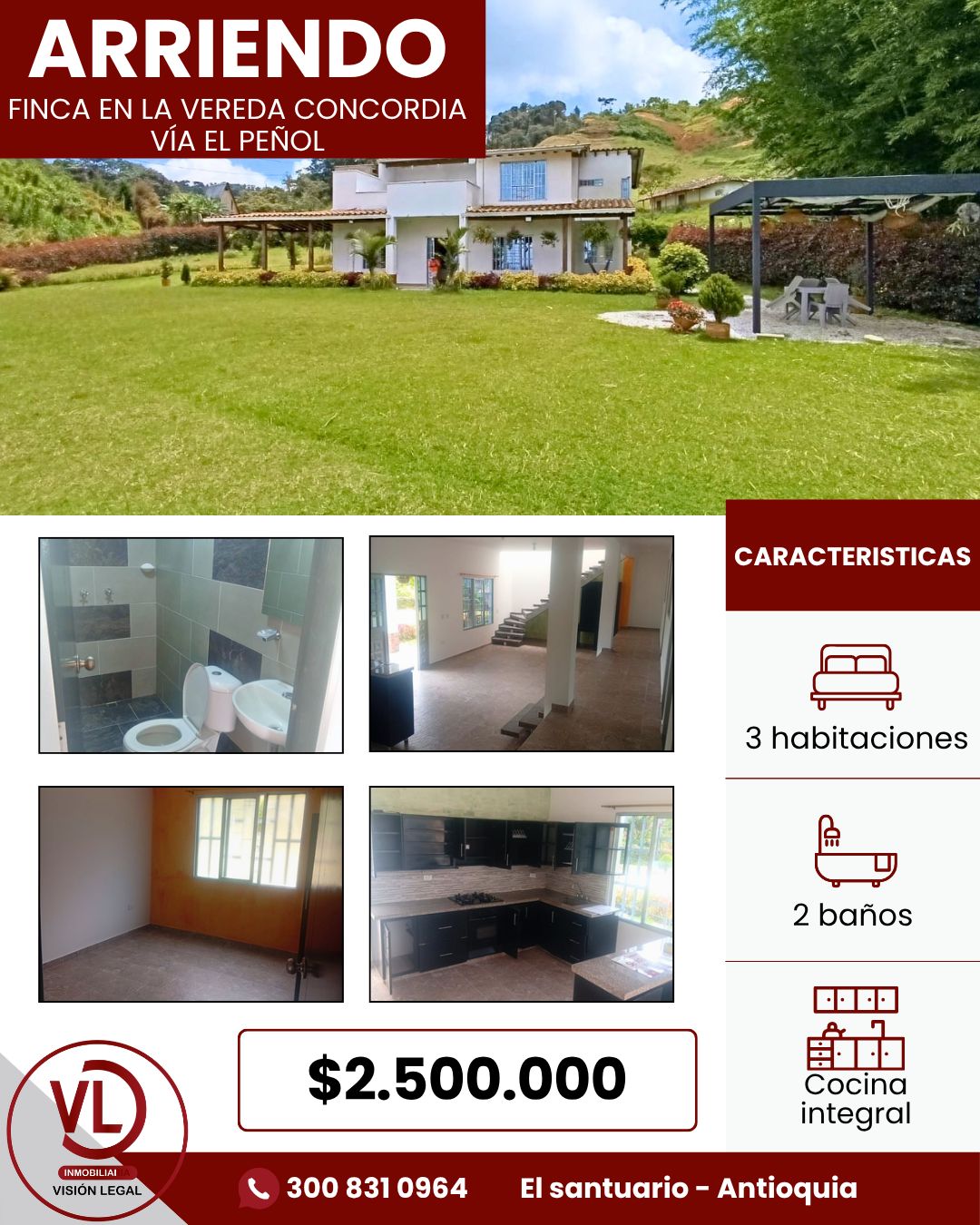 Finca en arriendo Antioquia El Santuario Puente Nuevo 90 m2 Habitaciones 3 Baños 2 Garajes 1 Precio $2500000
