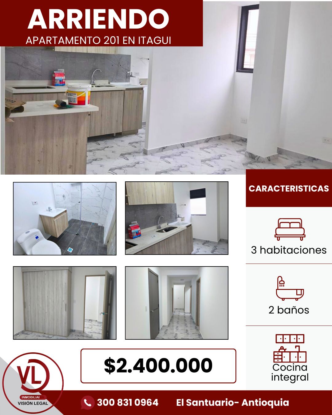 Apartamento en arriendo Antioquia Itagüí Centro 68 m2 Habitaciones 3 Baños 2 Garajes 0 Precio $2400000