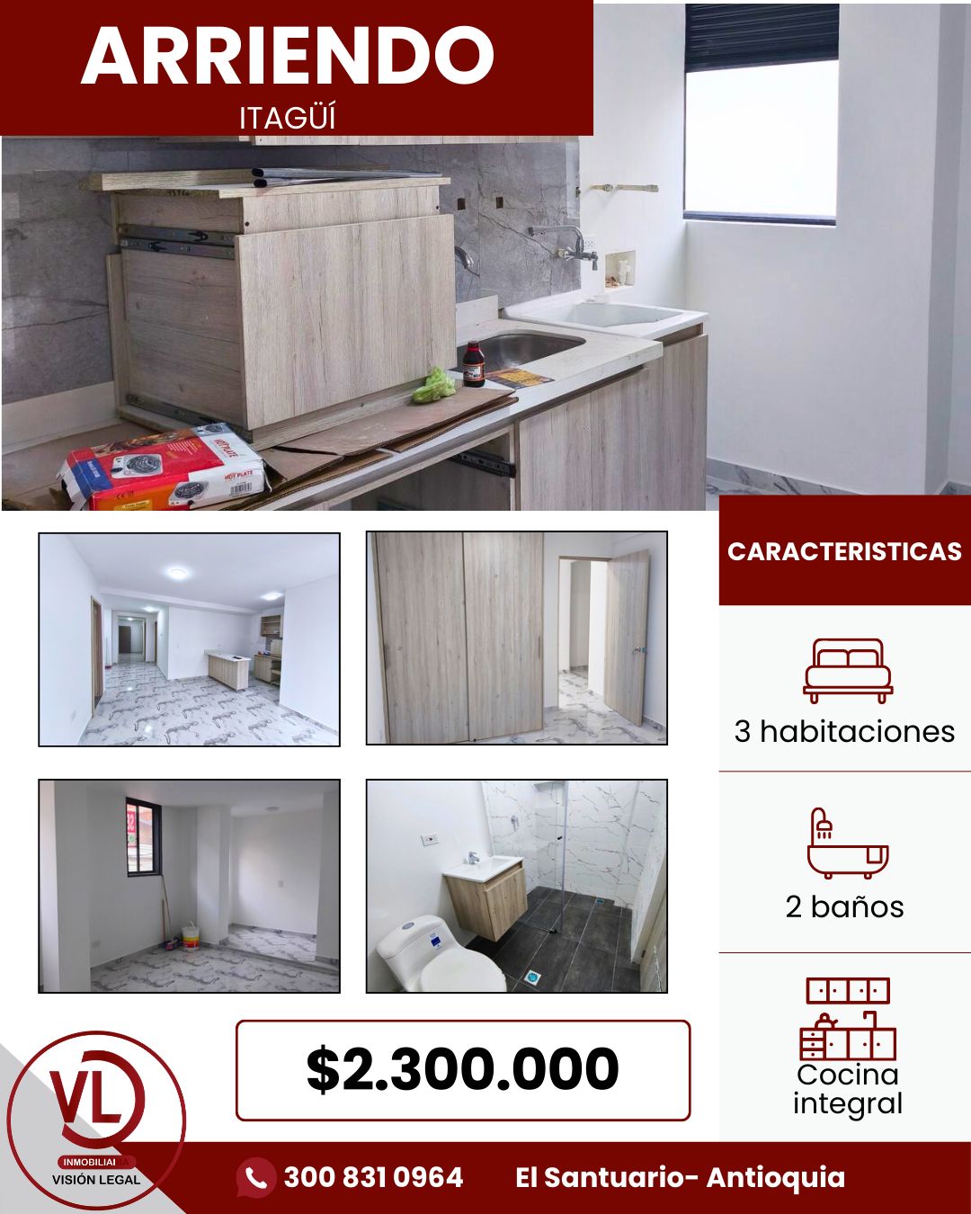 Apartamento en arriendo Antioquia Itagüí Centro 68 m2 Habitaciones 3 Baños 2 Garajes 0 Precio $2300000