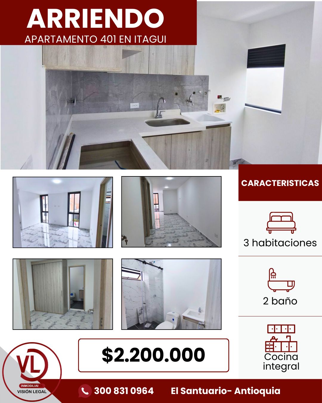 Apartamento en arriendo Antioquia Itagüí Centro 68 m2 Habitaciones 3 Baños 2 Garajes 0 Precio $2200000
