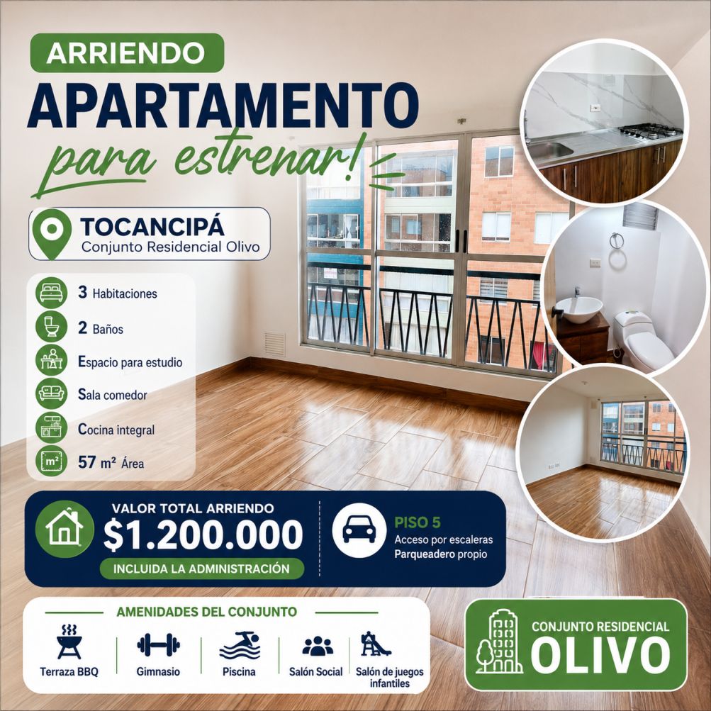 Apartamento en arriendo Cundinamarca Tocancipá Cr Alta Morada 57 m2 Habitaciones 3 Baños 2 Garajes 1 Precio $1200000