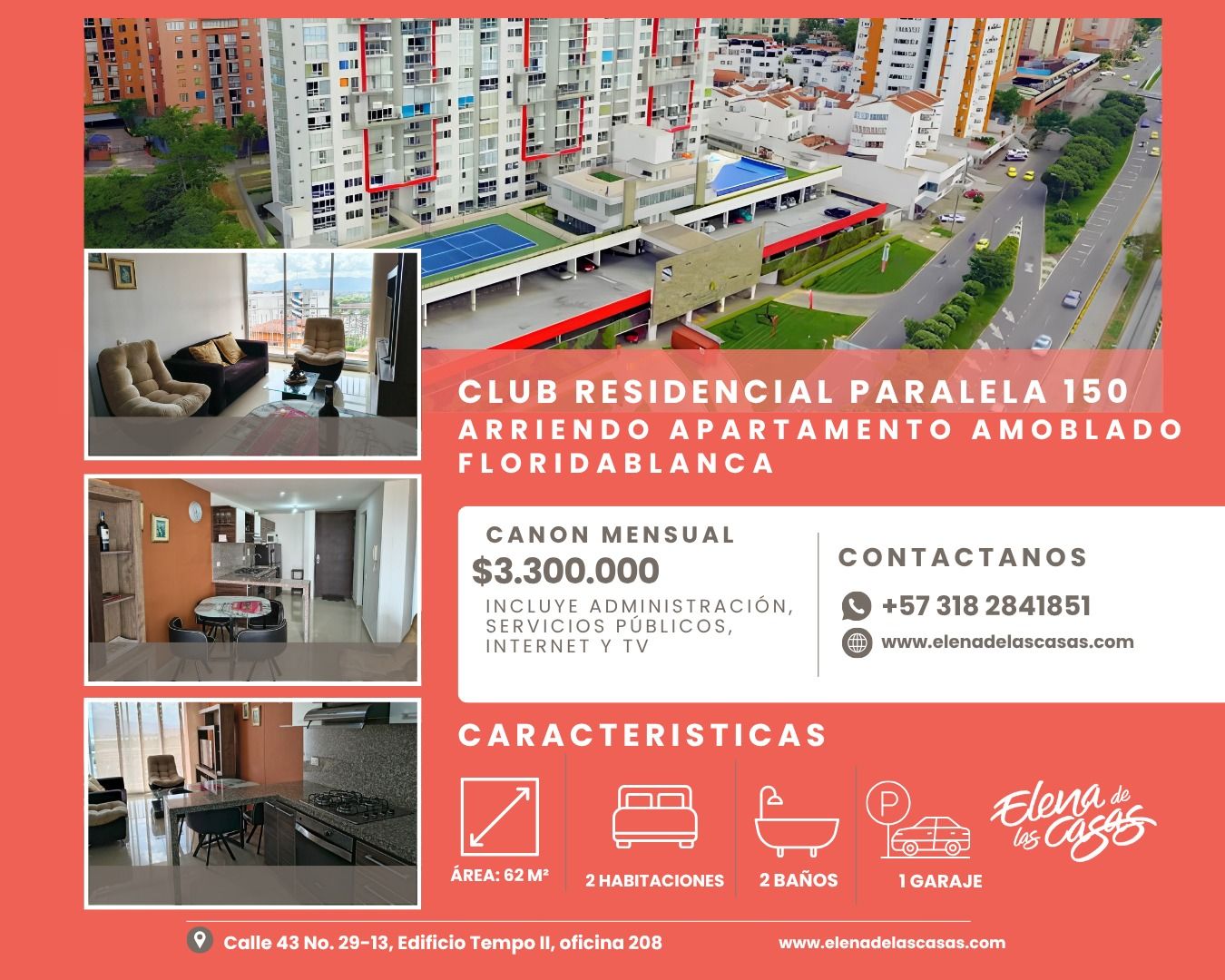 Apartamento en arriendo Santander Floridablanca Paralela 150 62 m2 Habitaciones 2 Baños 2 Garajes 1 Precio $3300000
