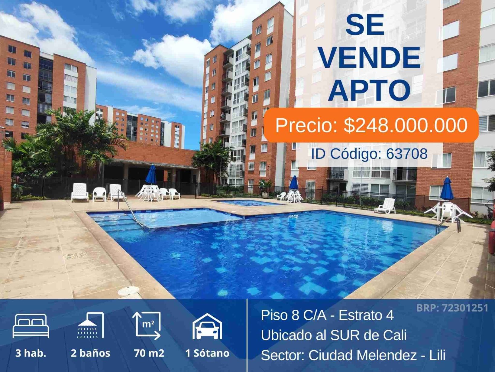 Apartamento en venta Valle Del Cauca Cali Condominio Marfil 70 m2 Habitaciones 3 Baños 2 Garajes 1 Precio $248000000