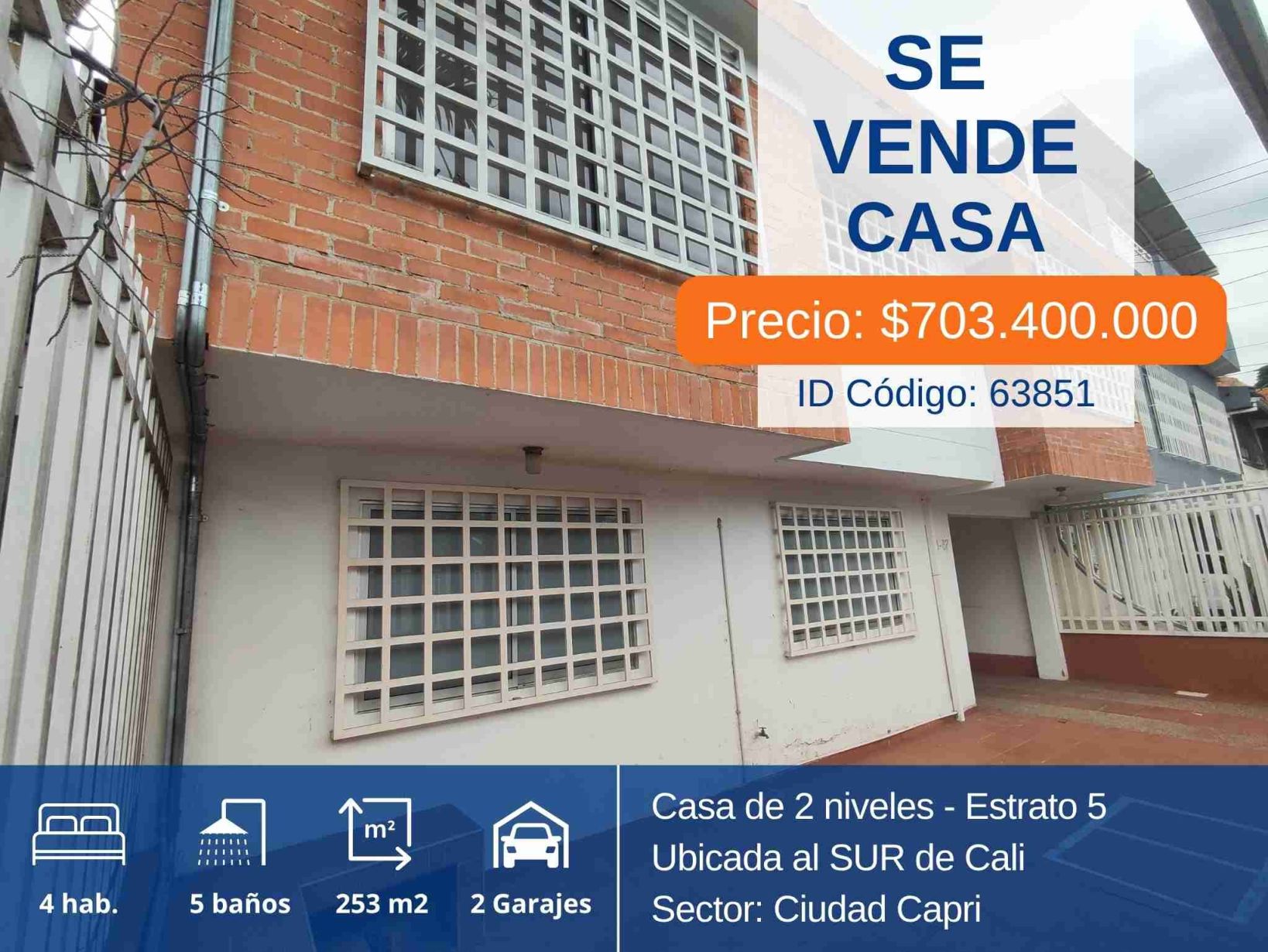 Casa en venta Valle Del Cauca Cali Ciudad Capri 234 m2 Habitaciones 4 Baños 5 Garajes 2 Precio $703400000