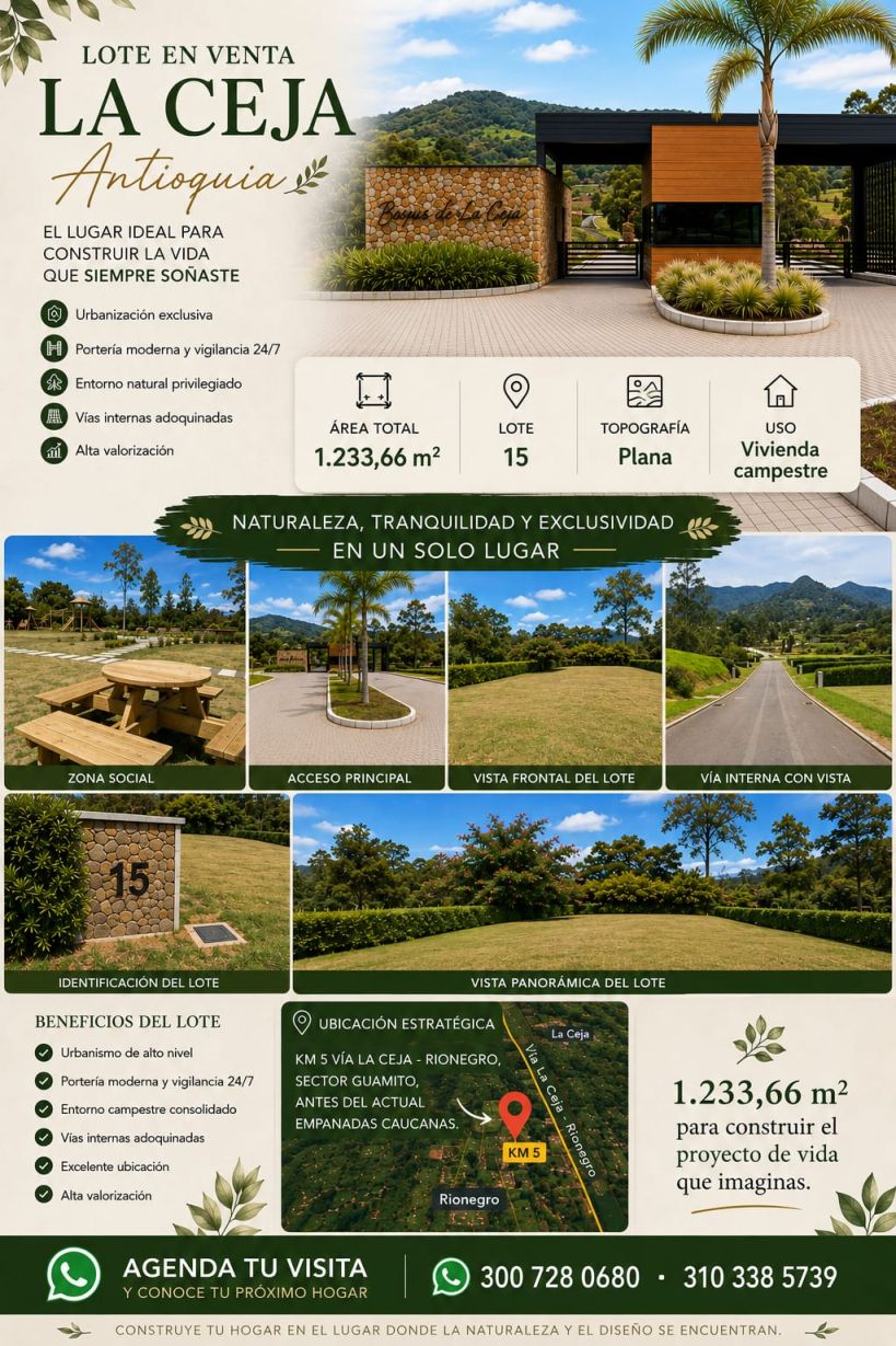 Lote en venta Antioquia La Ceja Cr Ciudad Jardin 1233 m2 Habitaciones 0 Baños 0 Garajes 0 Precio $850000000