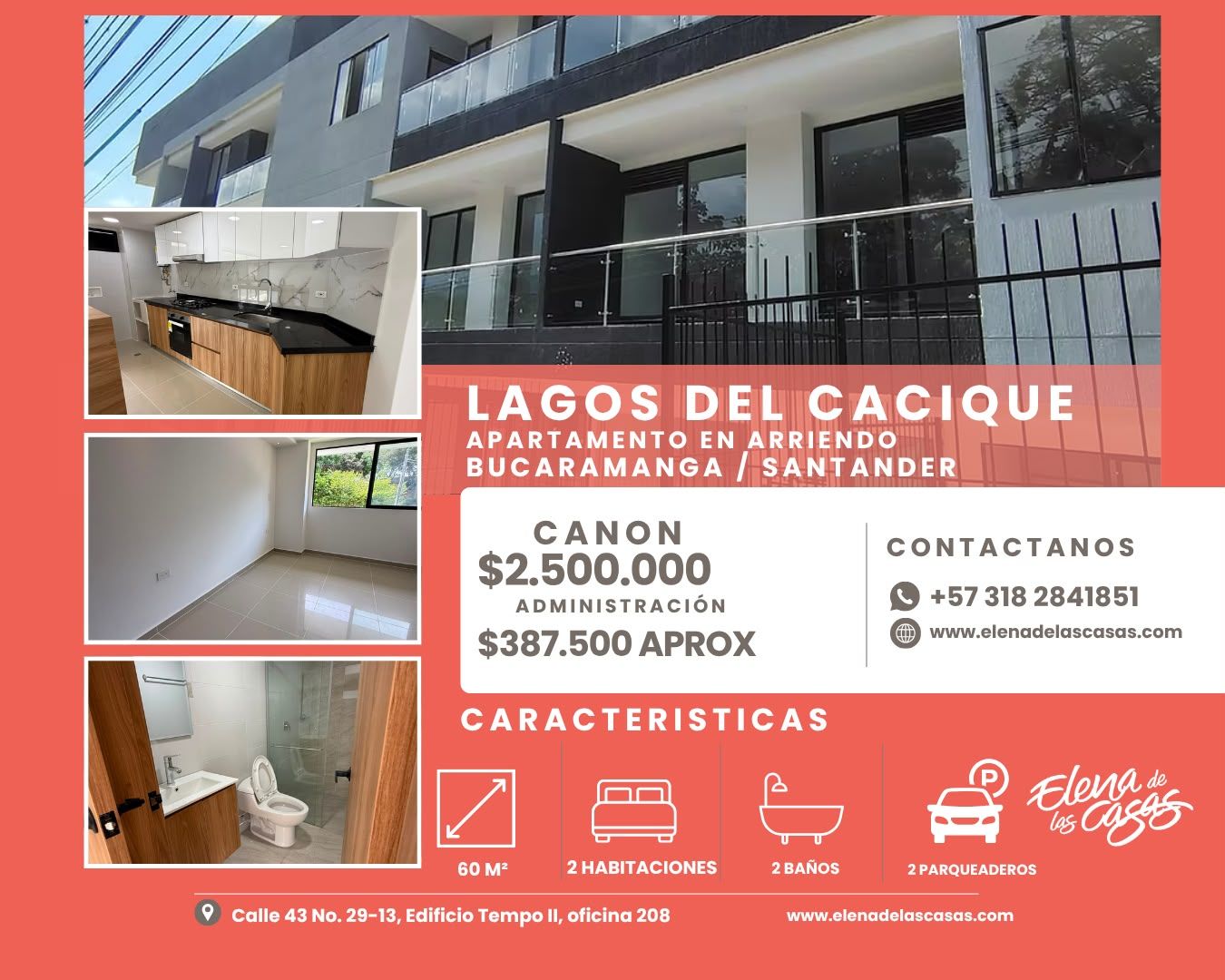 Apartamento en arriendo Santander Bucaramanga Lagos Del Cacique 60 m2 Habitaciones 2 Baños 2 Garajes 2 Precio $2887500