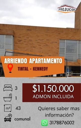 Apartamento en arriendo Cundinamarca Bogotá El Tintal 43 m2 Habitaciones 3 Baños 1 Garajes 0 Precio $1150000