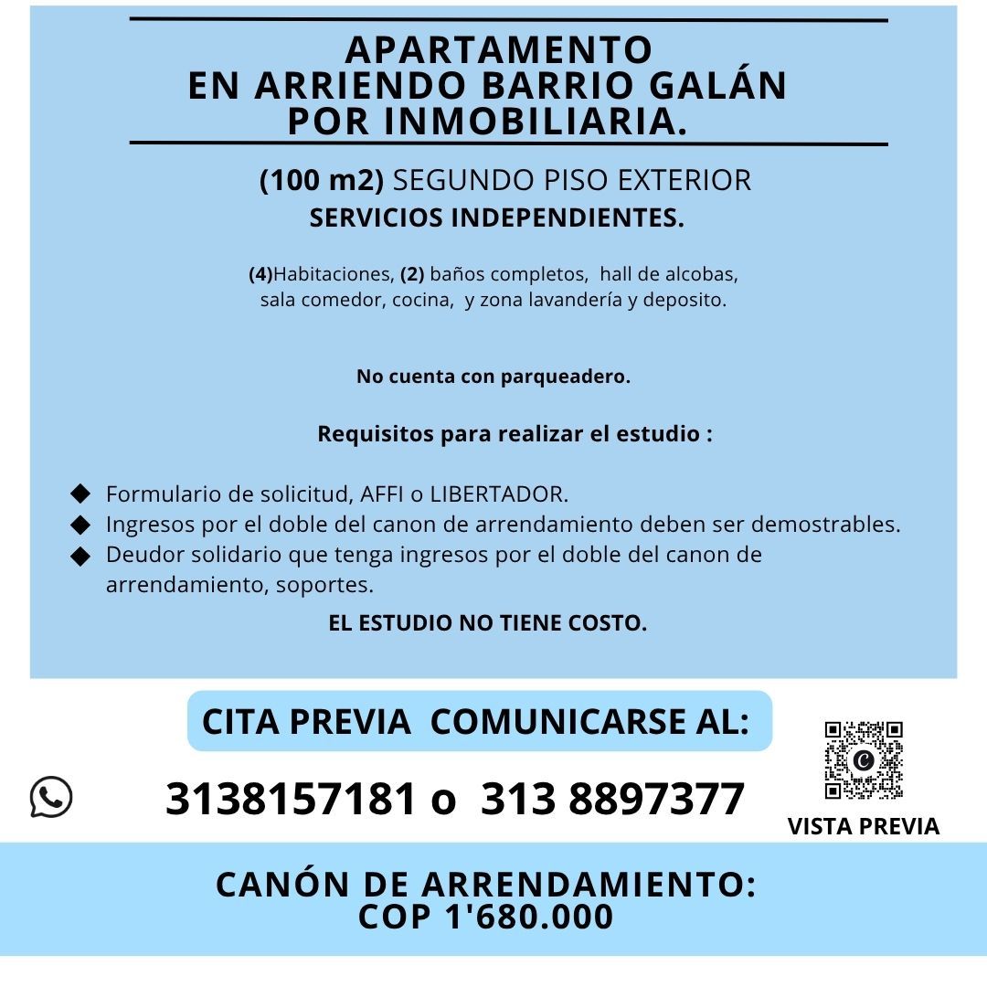 Apartamento en arriendo Cundinamarca Bogotá Galan 100 m2 Habitaciones 4 Baños 2 Garajes 0 Precio $1680000