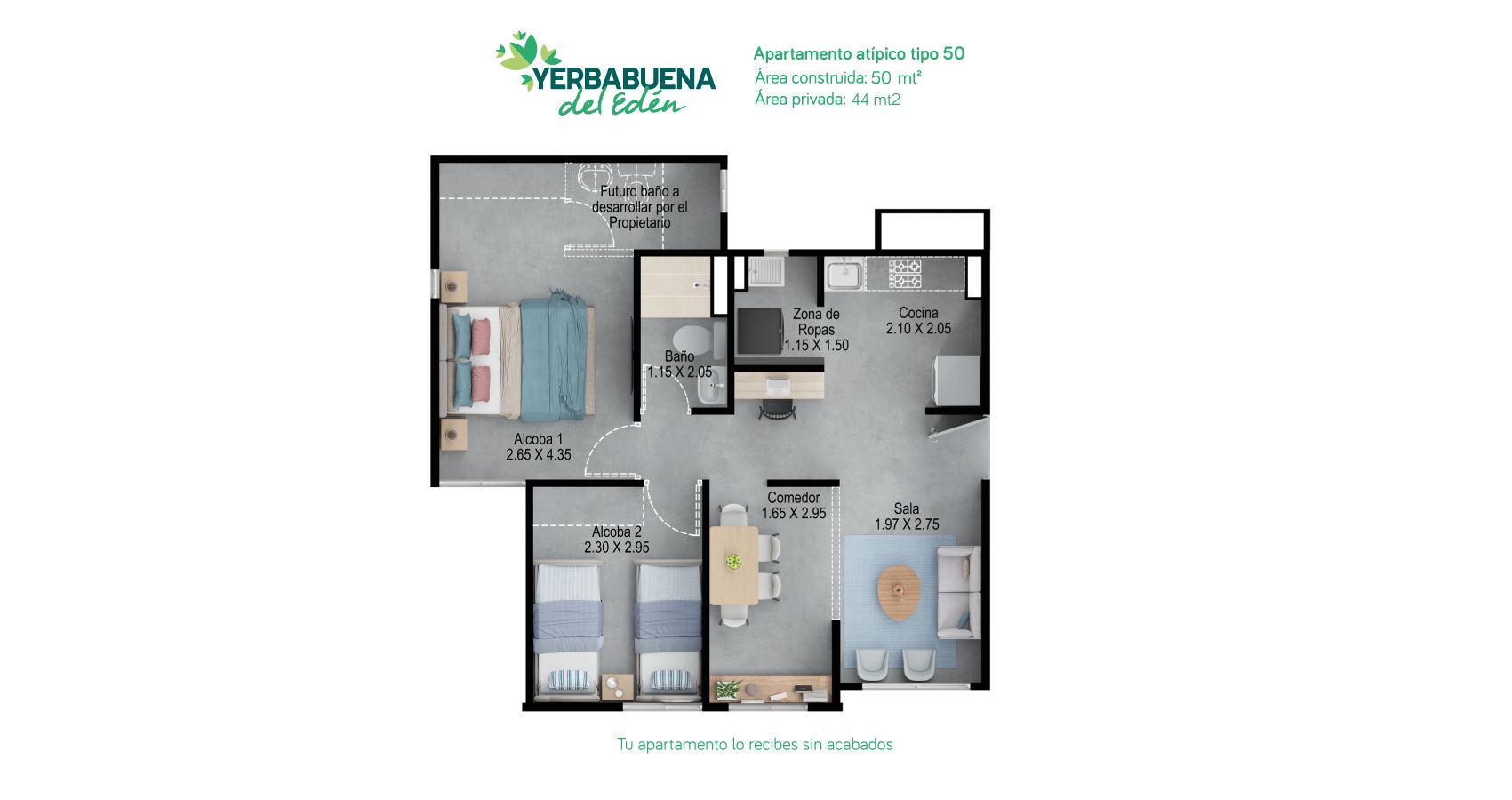 Proyectos Sobre Planos Yerbabuena Del Edén Apartamento en venta Cundinamarca Funza Funza 50 m2 Habitaciones 2 Baños 2 Garajes 0 Precio $238524507