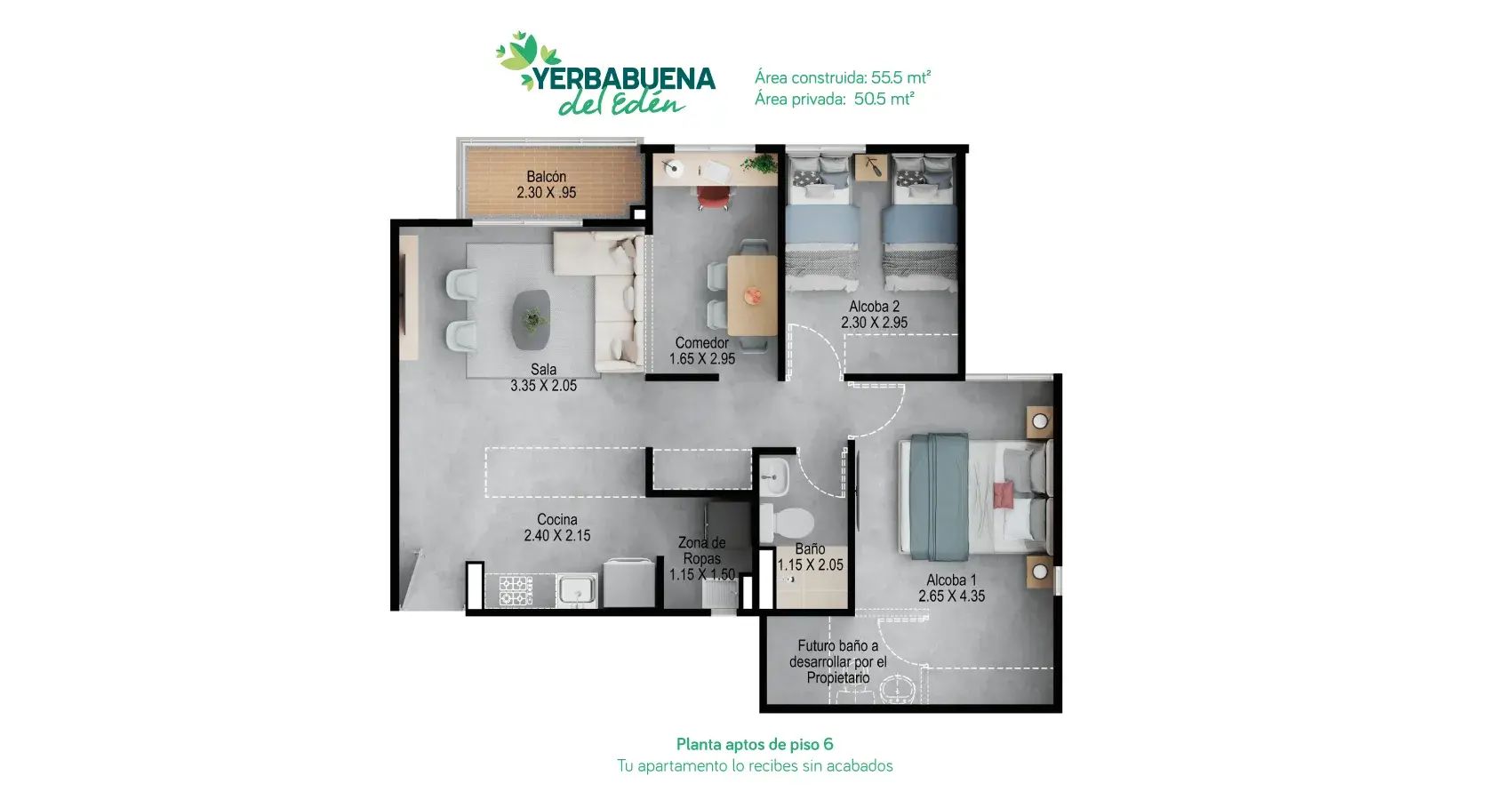 Proyectos Sobre Planos Yerbabuena Del Edén Apartamento en venta Cundinamarca Funza Funza 55 m2 Habitaciones 2 Baños 2 Garajes 0 Precio $258741515