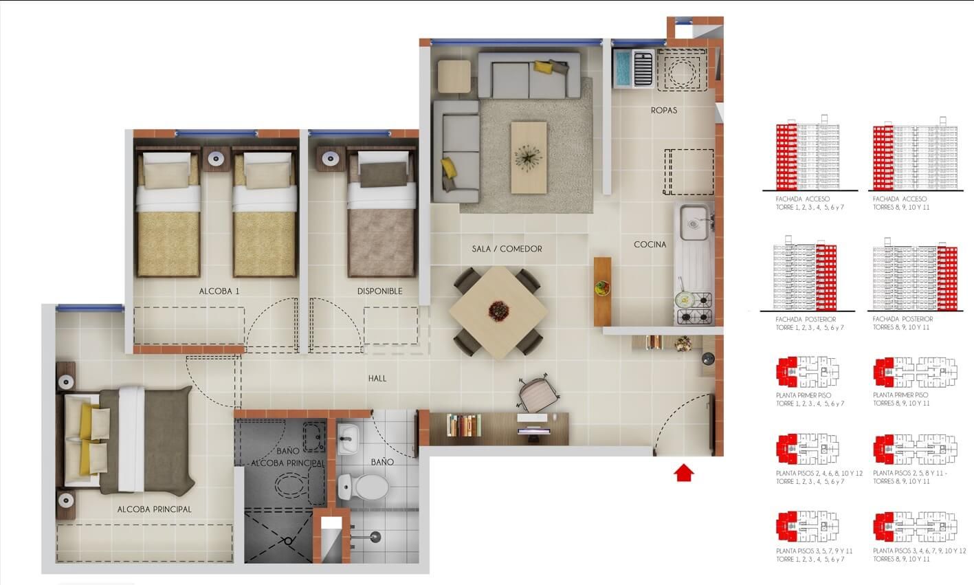 Proyectos Vivienda Nueva Bulevar Del Puente Apartamento en venta Santander Piedecuesta Paseo Del Puente Ii 58 m2 Habitaciones 2 Baños 2 Garajes 0 Precio $213525000