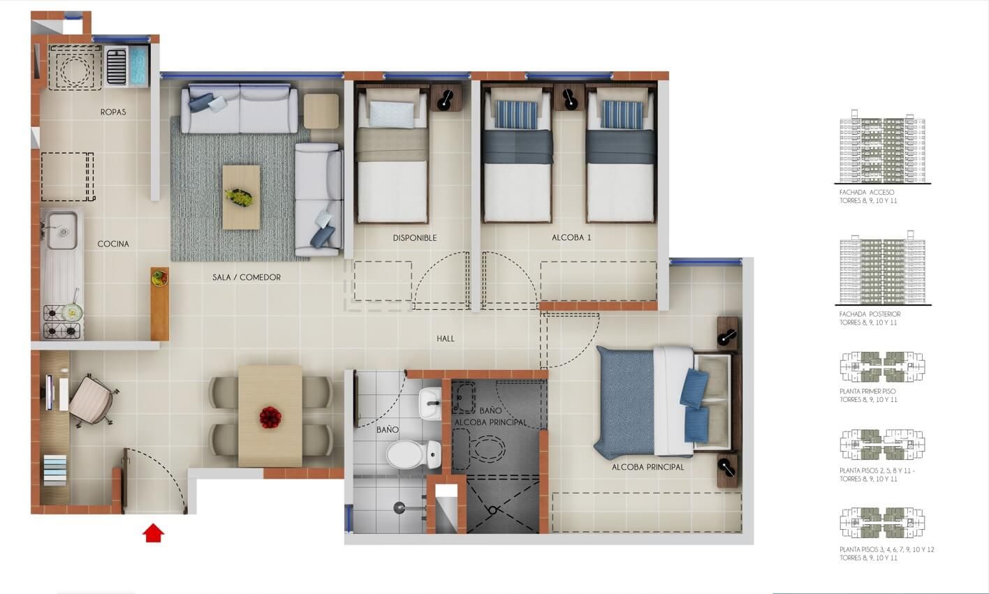 Proyectos Vivienda Nueva Bulevar Del Puente Apartamento en venta Santander Piedecuesta Paseo Del Puente Ii 58 m2 Habitaciones 2 Baños 2 Garajes 0 Precio $213525000