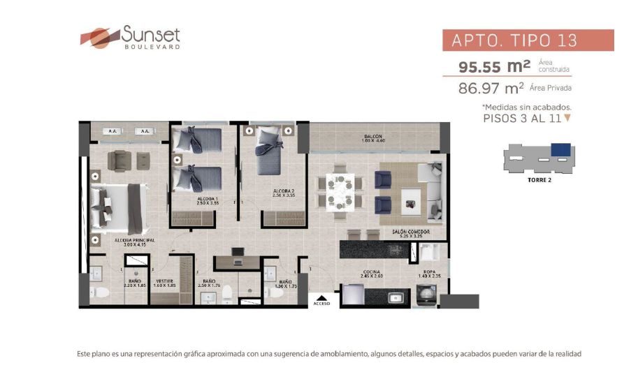 Proyectos Entrega Inmediata Sunset Boulevard Apartamento en venta Atlántico Barranquilla Barranquilla 95 m2 Habitaciones 2 Baños 3 Garajes 1 Precio $652502511