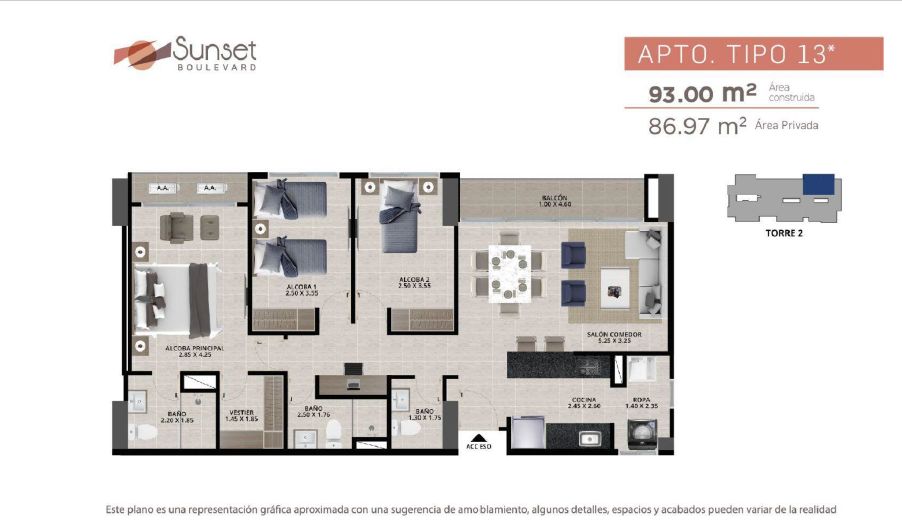 Proyectos Entrega Inmediata Sunset Boulevard Apartamento en venta Atlántico Barranquilla Barranquilla 93 m2 Habitaciones 2 Baños 3 Garajes 1 Precio $645719340