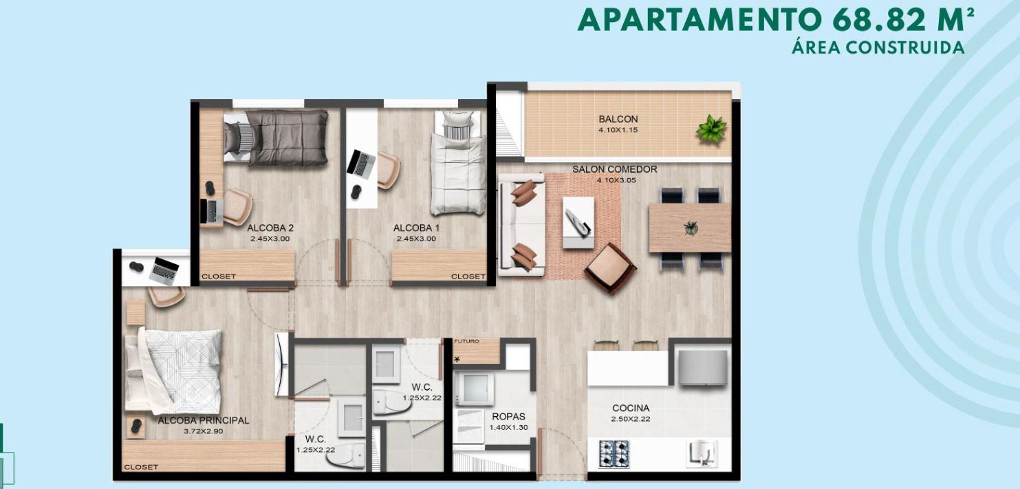 Vivienda No VIS Viverdi Apartamento en venta Antioquia Rionegro Rionegro 68 m2 Habitaciones 3 Baños 2 Garajes 1 Precio $601265970