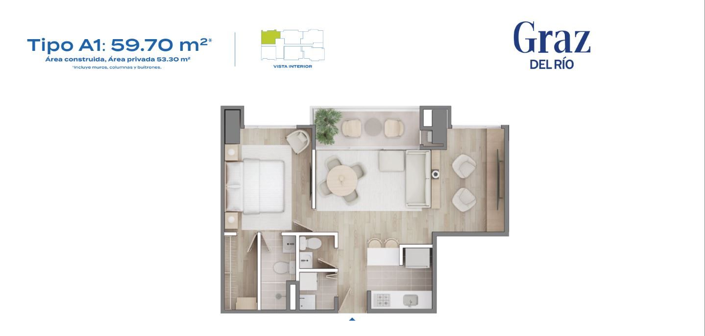 Proyectos Vivienda Nueva Graz Del Rio Apartamento en venta Antioquia Medellín Ciudad Del Río 59 m2 Habitaciones 1 Baños 2 Garajes 0 Precio $646253500
