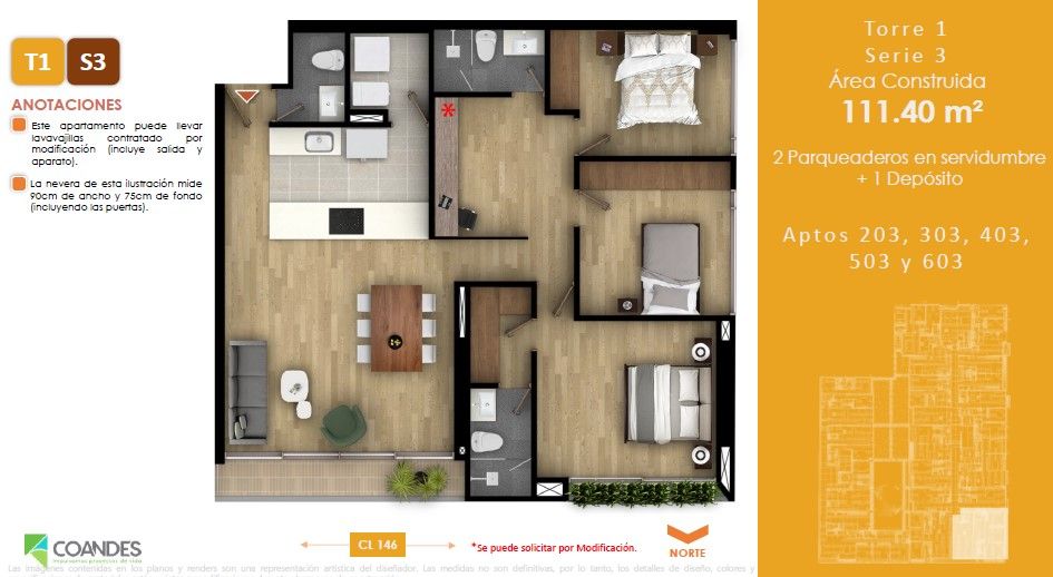 Vivienda No VIS Tei 146 Apartamento en venta Cundinamarca Bogotá Belmira 111 m2 Habitaciones 3 Baños 3 Garajes 2 Precio $1008196182