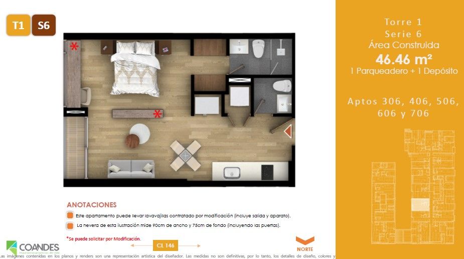 Vivienda No VIS Tei 146 Apartamento en venta Cundinamarca Bogotá Belmira 46 m2 Habitaciones 1 Baños 2 Garajes 1 Precio $456239915