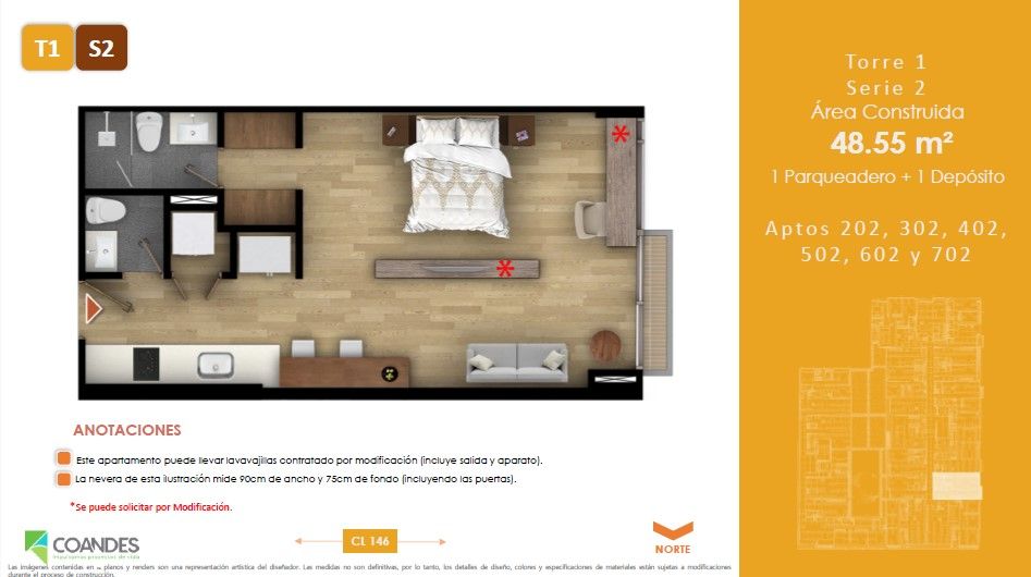 Vivienda No VIS Tei 146 Apartamento en venta Cundinamarca Bogotá Belmira 48 m2 Habitaciones 2 Baños 2 Garajes 1 Precio $431839237