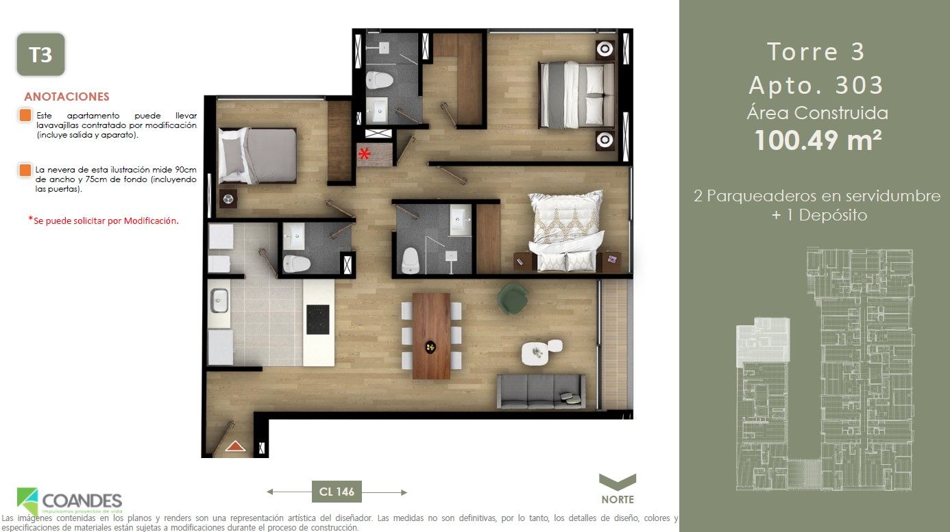 Vivienda No VIS Tei 146 Apartamento en venta Cundinamarca Bogotá Belmira 0 m2 Habitaciones 3 Baños 3 Garajes 2 Precio $896083734
