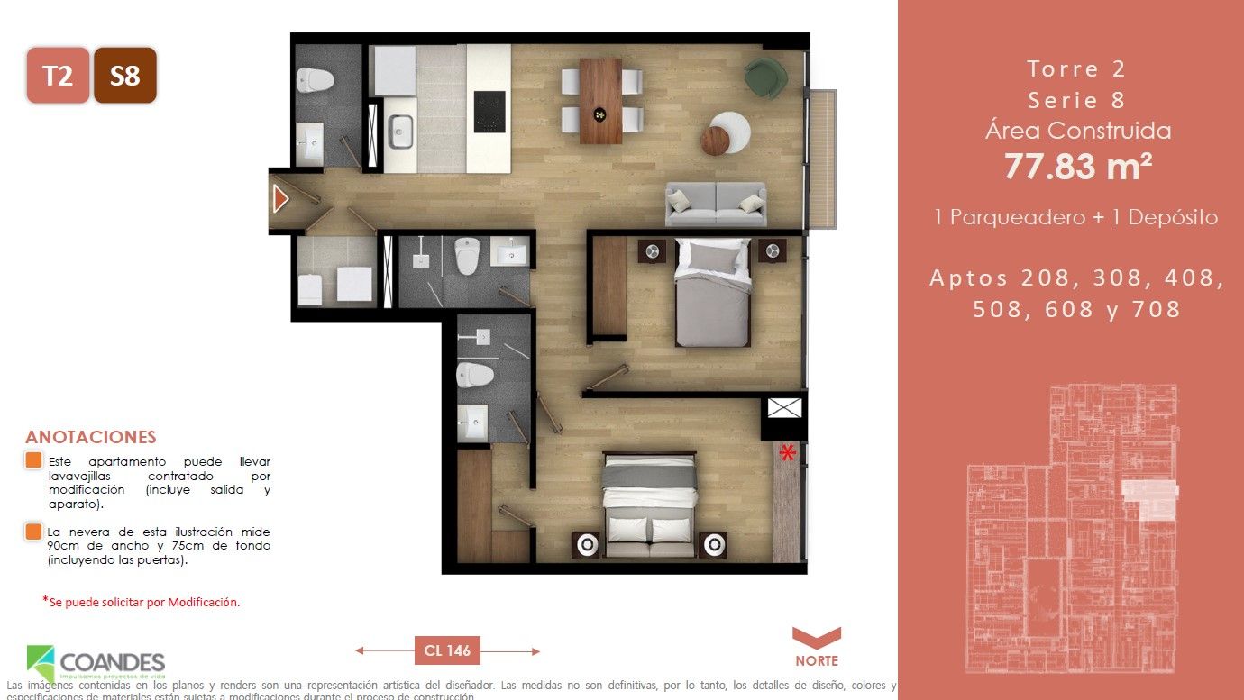 Vivienda No VIS Tei 146 Apartamento en venta Cundinamarca Bogotá Belmira 77 m2 Habitaciones 2 Baños 3 Garajes 1 Precio $711285476